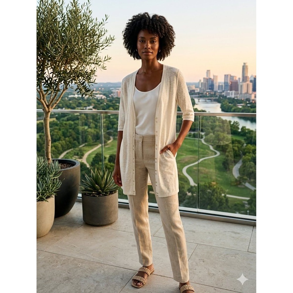 Eileen Fisher Linen Cotton Slub Long Cardigan Ivory V-Neck Button Front Medium